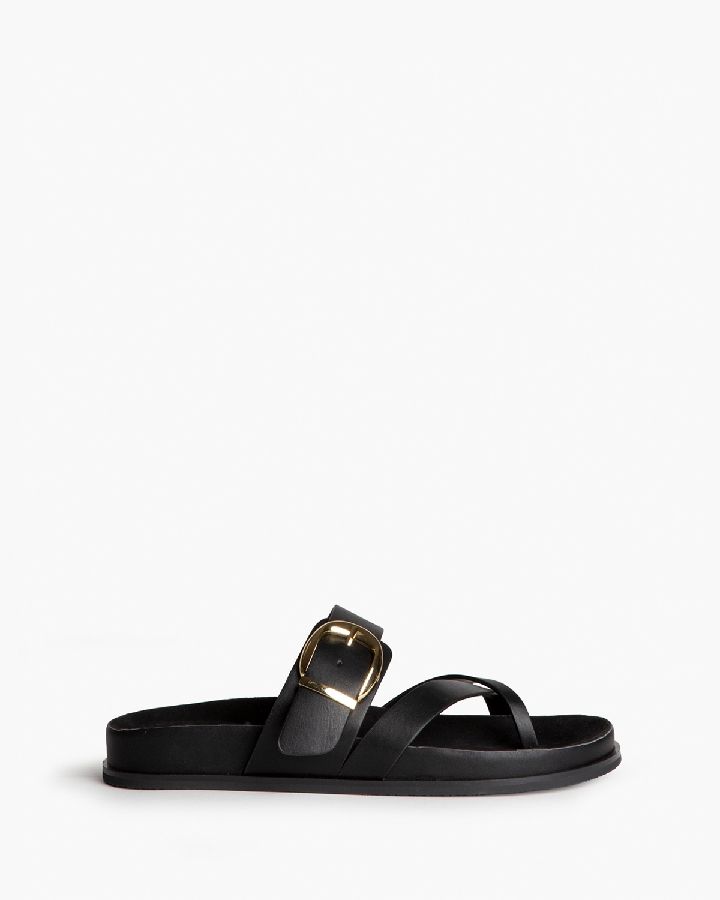 Sandalia Mujer Negro Corina con Hebilla Dorada – Sandalia Plana Verano 36