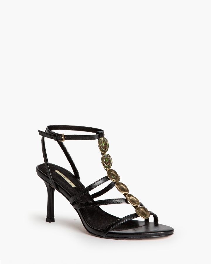 Sandalias negras de tacón alto mujer con detalle metálico en empeine 36