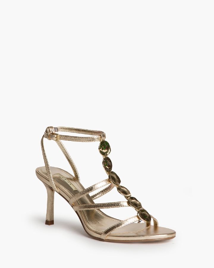 Sandalias oro de tacón alto mujer con detalle metálico en empeine 36