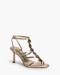 Sandalias oro de tacón alto mujer con detalle metálico en empeine