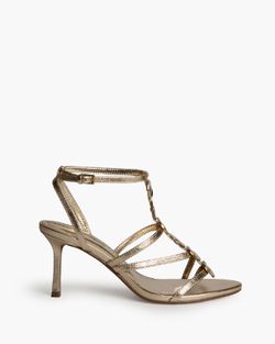 Sandalias oro de tacón alto mujer con detalle metálico en empeine