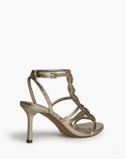 Sandalias oro de tacón alto mujer con detalle metálico en empeine